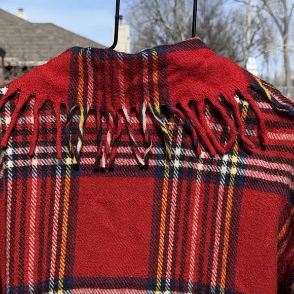 Vintage Plaid wool Fringed Coat Jacket UsA Made Oversized Dolman